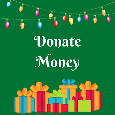 green square with string of colorful lights above a pile of presents, with words Donate Money in white